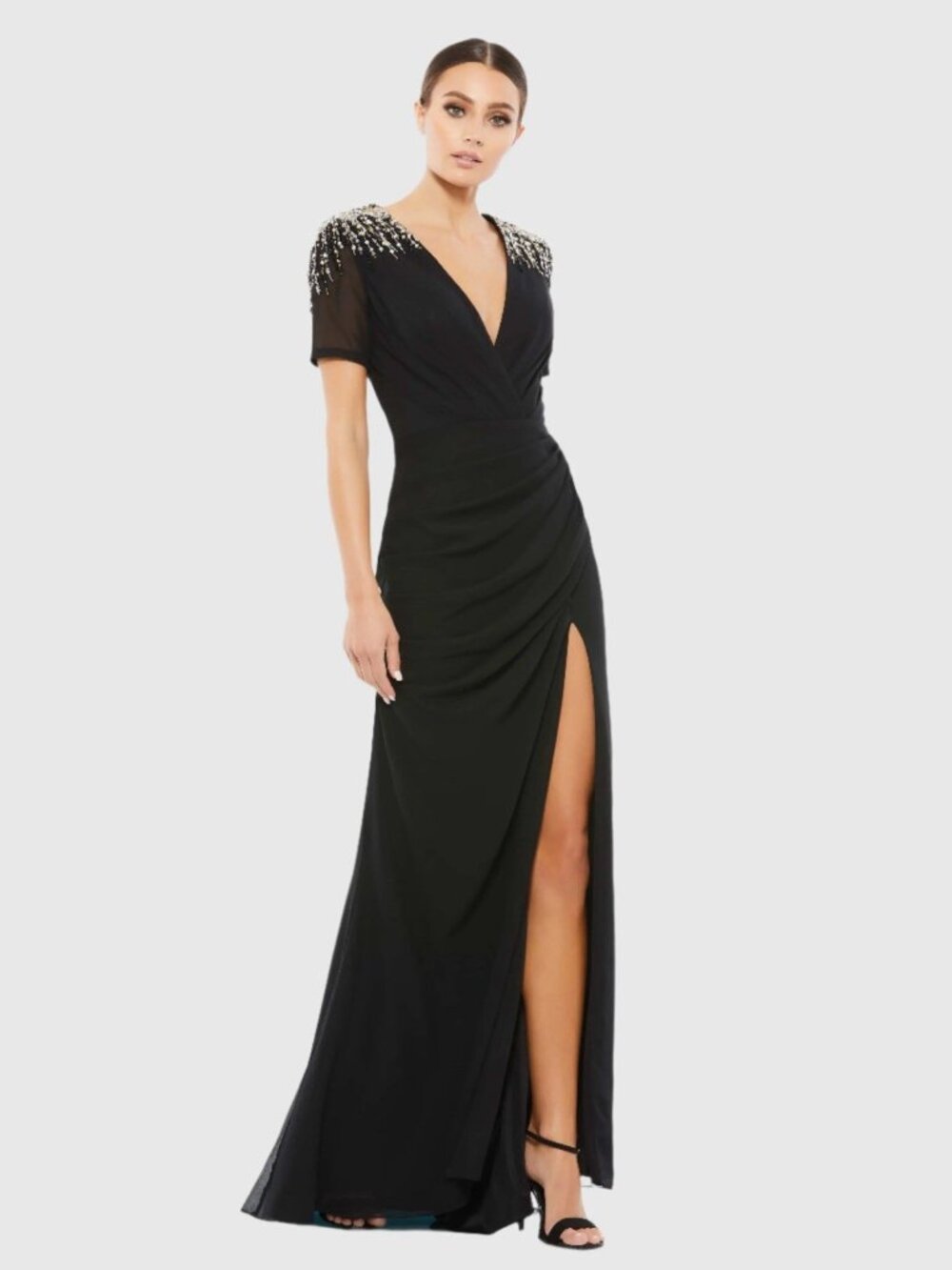 Mac Duggal Size 4 Black 55704 Sequined Embellished Shoulder Evening Gown Dress